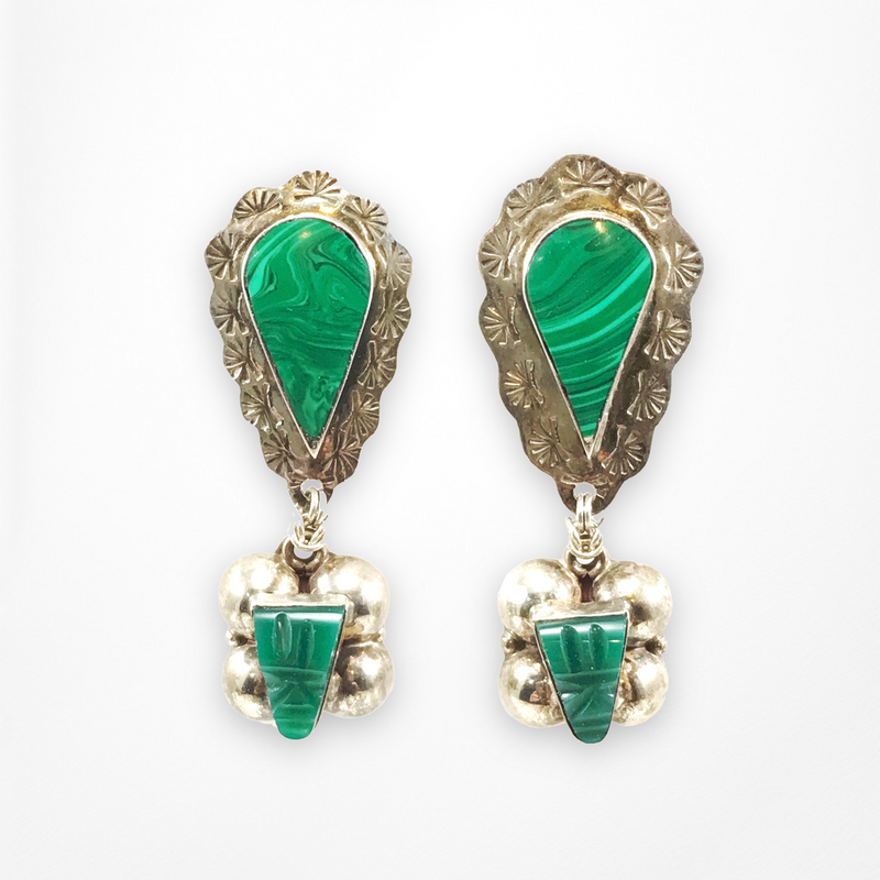 Vintage Sterling Malachite Earrings with Green Onyx Drops