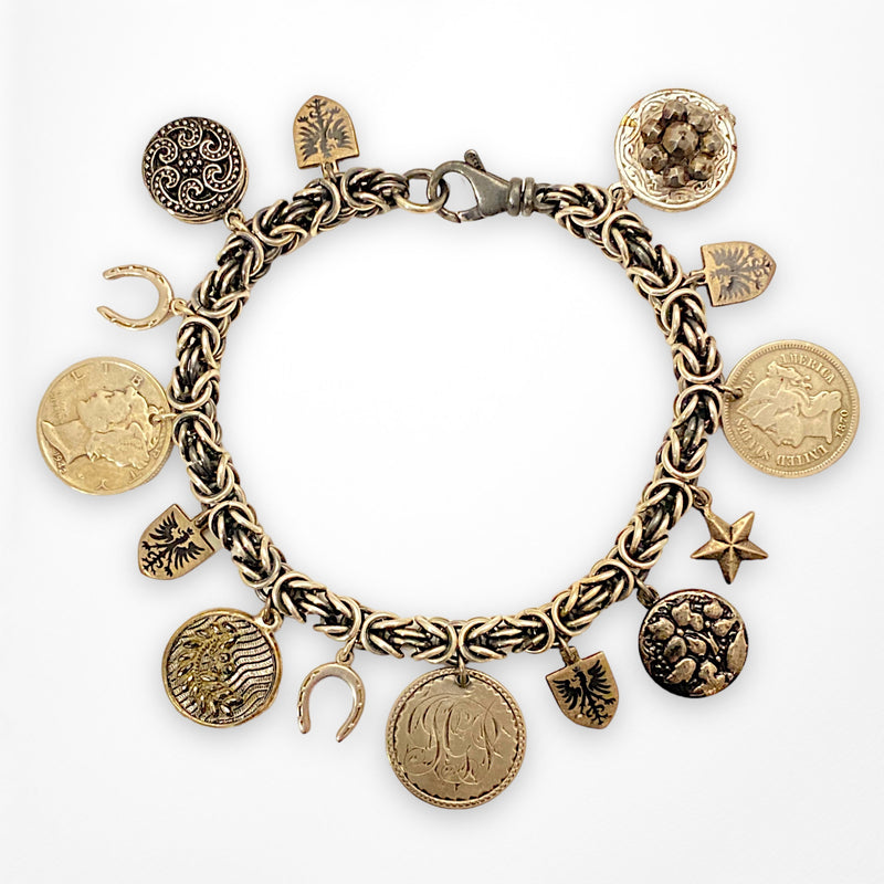 Sterling Chainmaille Bracelet with Antique Buttons, Coins and Charms