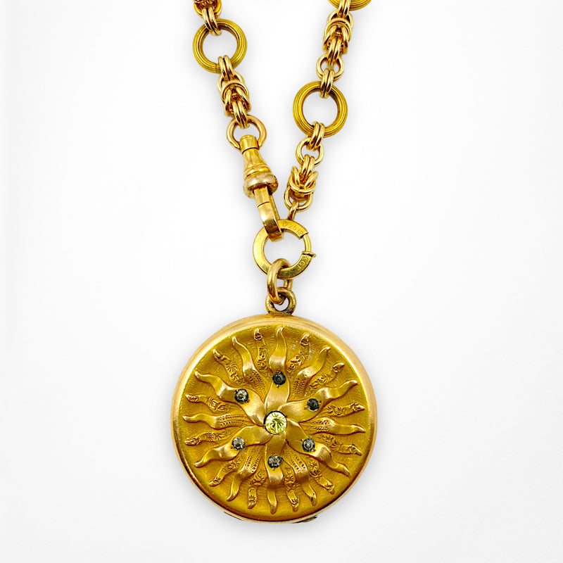 Antique Sunburst Locket with Handwoven Gold-Filled Chainmaille